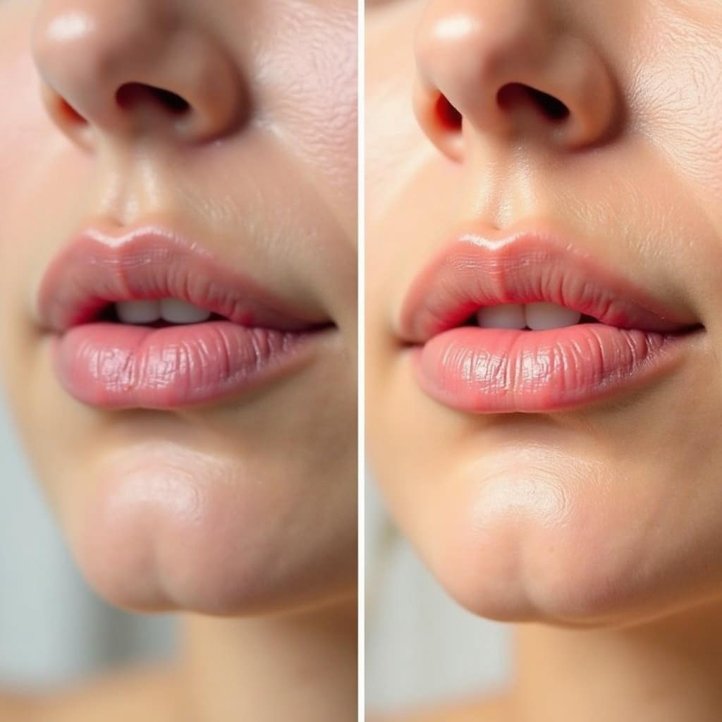 Hình ảnh so sánh trước và sau khi sử dụng son môi làm từ giun đất trên đôi môi khô nứt nẻ