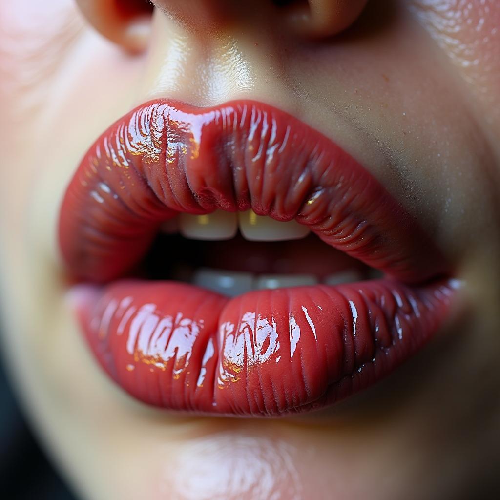 Cận cảnh đôi môi khô nứt nẻ và bong tróc thiếu dưỡng chất sau khi phun xăm, cần sử dụng son dưỡng kích màu môi chuyên dụng.