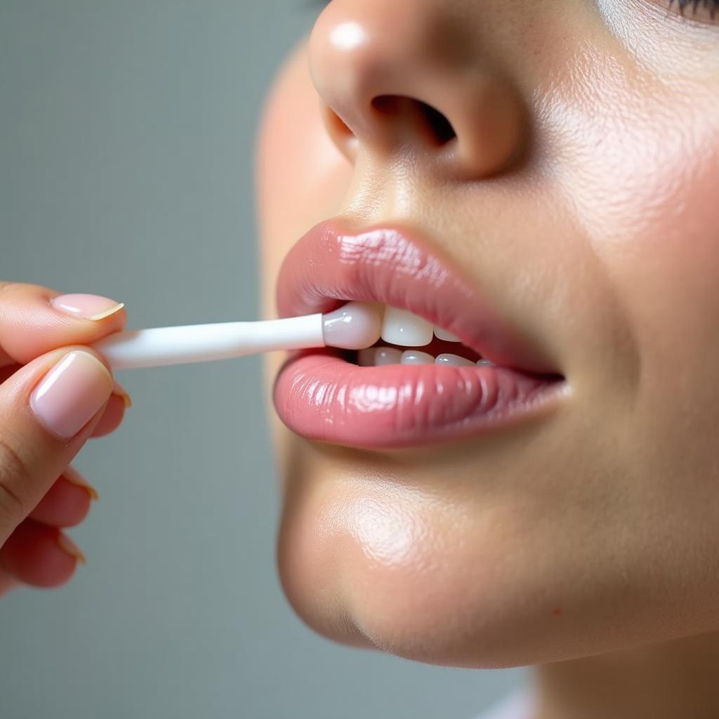 Hình ảnh một người đang dùng tăm bông sạch nhẹ nhàng thoa son dưỡng kích màu môi sau phun xăm lên đôi môi đã bong vảy.